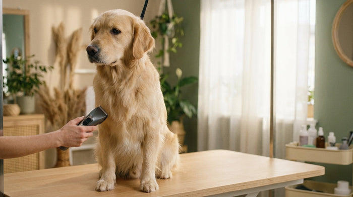 Toilettage d'un golden retriever a la tondeuse sur une table de toilettage