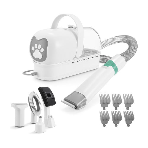 Aspirateur de toilettage 7-en-1 avec brosse et séchoir pour chiens et chats sur fond blanc