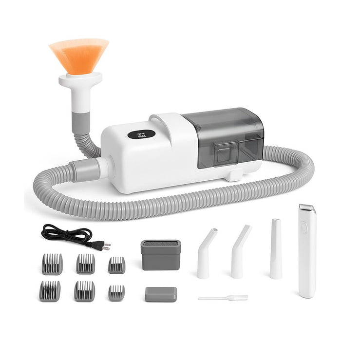 Kit de toilettage 8 en 1 avec aspirateur, sécheur et 15 outils sur fond blanc
