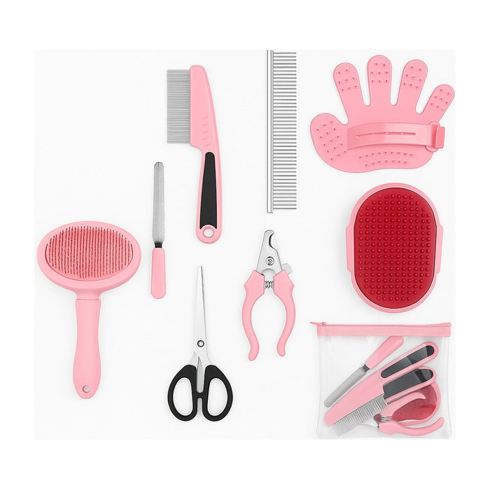 Kit de toilettage 9 pièces pour chien avec brosse, râteau et coupe-ongles sur fond blanc