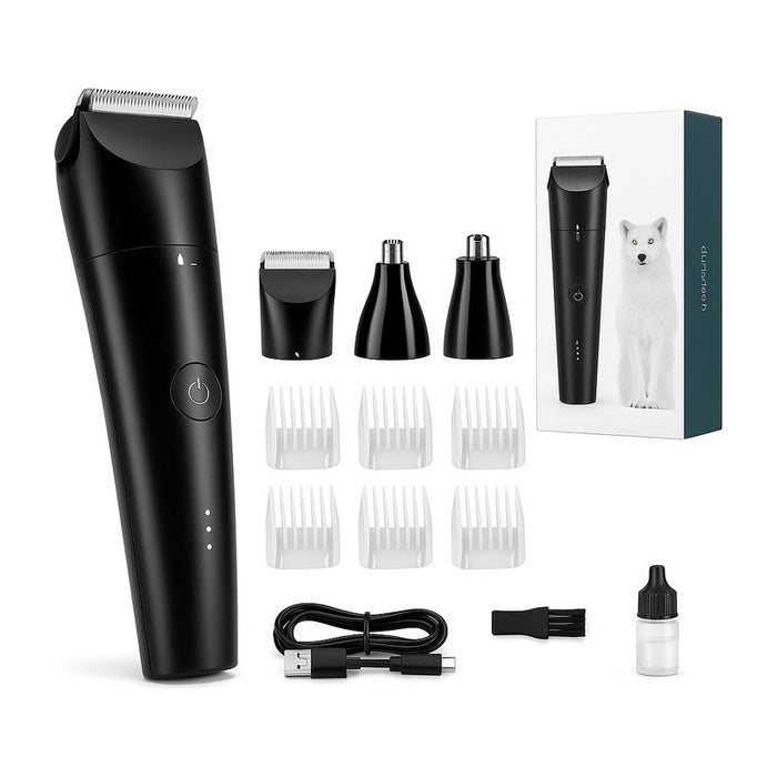 Tondeuse pour chien silencieuse 35 dB avec lame céramique et acier sur fond blanc